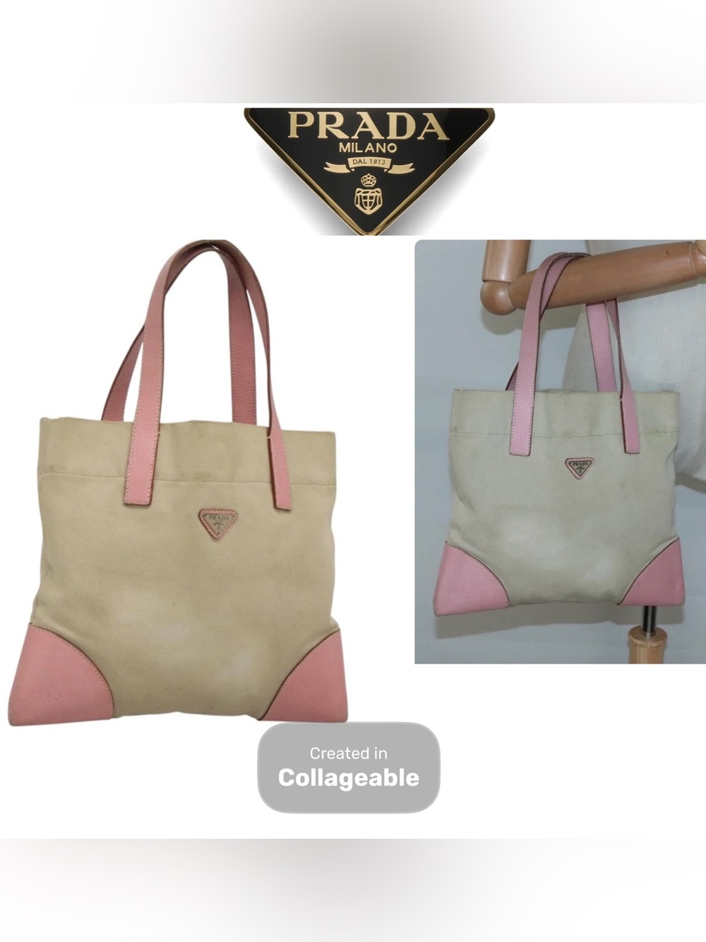 👜 Prada Beige Canvas Tote Pink Leather Accents Authentic Snap Closure Pockets
